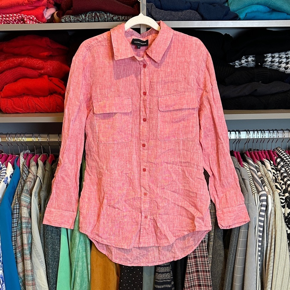 French Curve pink linen long roll tab sleeve 2 pocket button down shirt size S